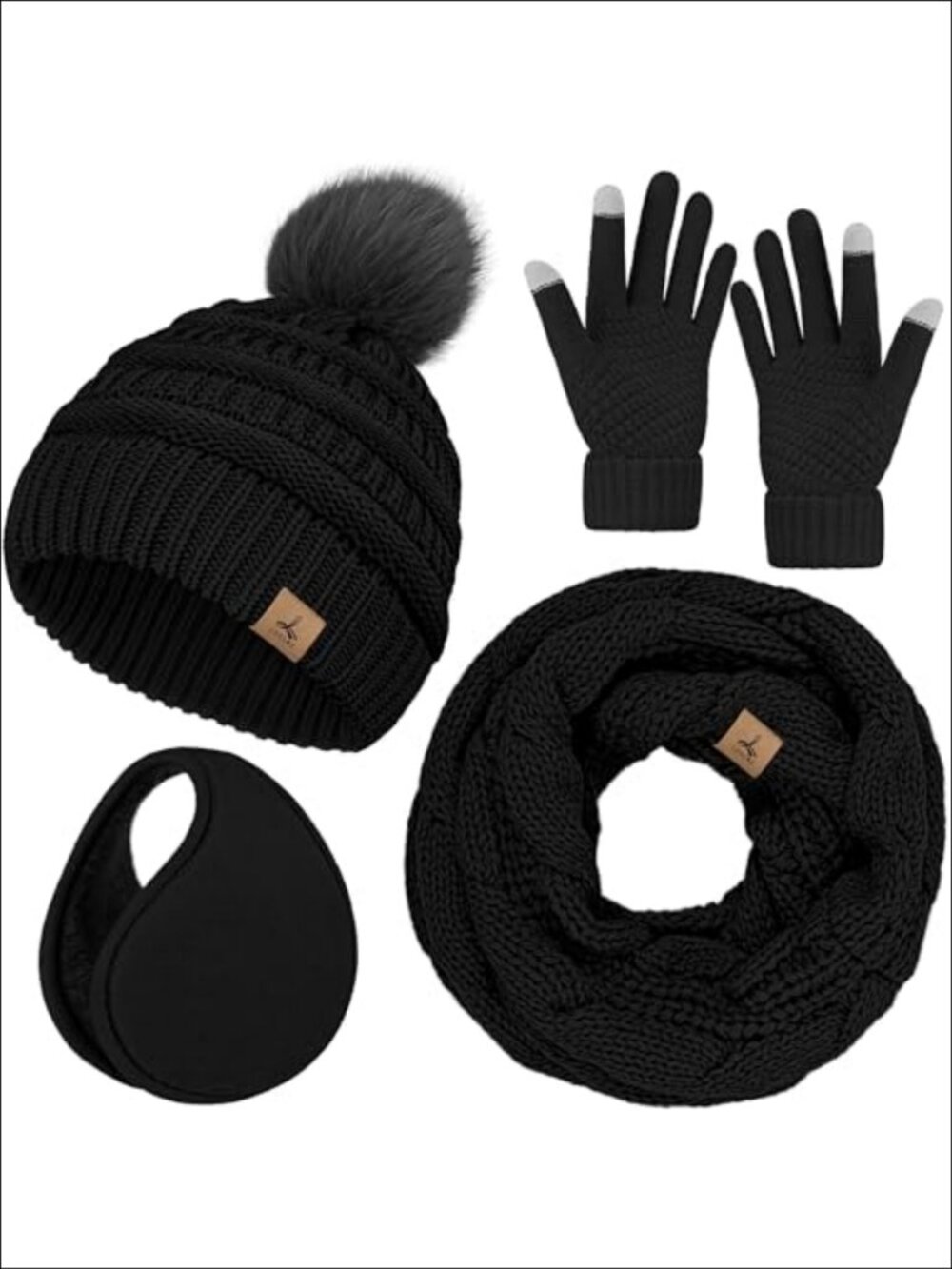 Winter Beanie Hat Scarf Gloves Ear Muff Set Acrylic Knit Pom Pom Women